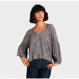 Universal Thread Balloon Sleeve Button Up Printed Blouse